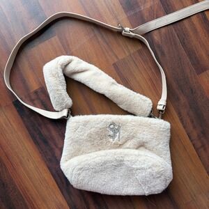 Steve Madden Cream Faux Fur Crossbody Bag with Rhinestone Logo